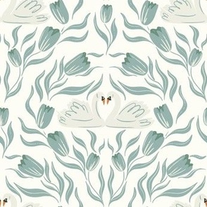 Swan Lovebirds Surrounded by Tulips in Teal Blue and Ivory.