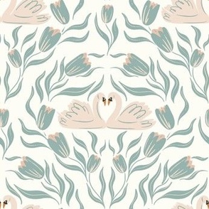 Swan Lovebirds Surrounded by Tulips in Teal Blue, Pink, and Ivory.