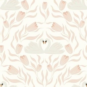 Swan Lovebirds Surrounded by Tulips in Soft Pink and Ivory.