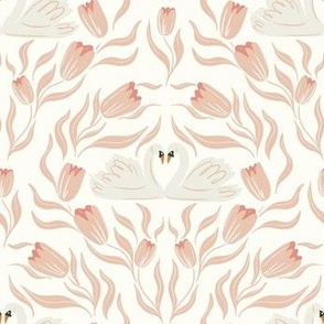 Swan Lovebirds Surrounded by Tulips in Rose Pink and Ivory.