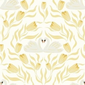 Swan Lovebirds Surrounded by Tulips in Sunny Yellow and Ivory.