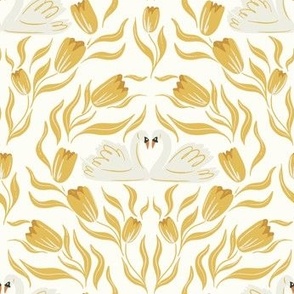 Swan Lovebirds Surrounded by Tulips in Mustard Yellow and Ivory.
