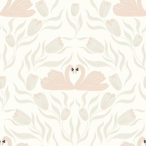 Swan Lovebirds Surrounded by Tulips in Pink, Beige, and Ivory.