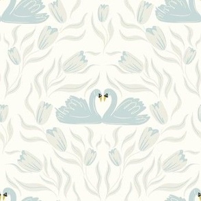 Swan Lovebirds Surrounded by Tulips in Soft Blue, Beige, and Ivory.
