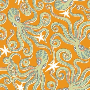 Octopuses on tangerine background