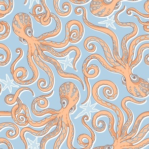 Octopuses on serenity blue background