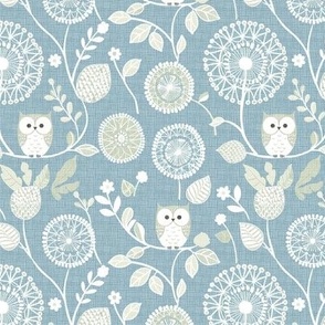 Cute Little White Owls Dandelion Flowers Woven Distressed Woodland Floral Baby Nursery Country Swaddle Pastel Green Warm Blue