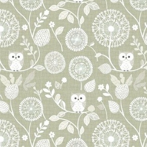 Cute Little White Owls Dandelion Flowers Woven Distressed Woodland Floral Baby Nursery Country Swaddle Pastel Khaki Green