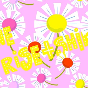 Rise And Shine Daisies Cute Hot Pink, Red And Yellow Daisy Flower And Cheerful Hand Drawn Type Scandi Retro Modern Positive Message Repeat Pattern On Pastel Pink