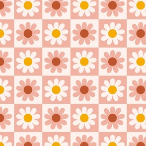 Checkered board with flowers - Cream, orange, coral and burgundry