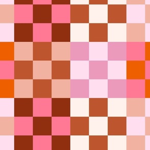 Multicolored checkered board - coral,  burgundry, orange, brown,  blush, pink, off white