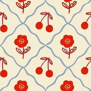 Cherries and Poppies Red and Blue on Cream