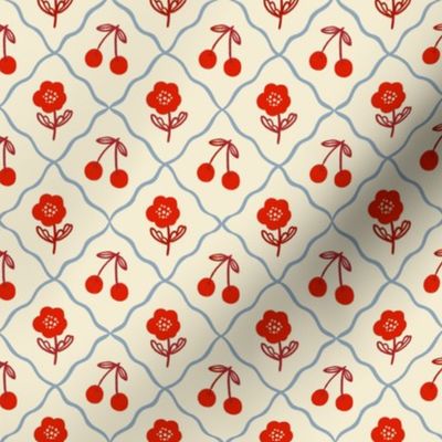 Cherries and Poppies Red and Blue on Cream Small