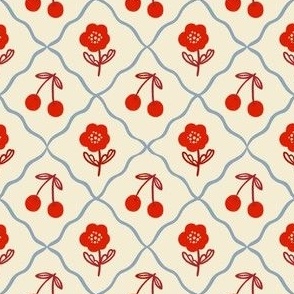 Cherries and Poppies Red and Blue on Cream Small