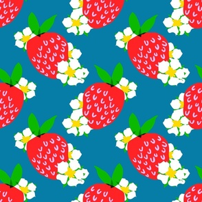 Strawberry Squared Pastel Denim Blue Mini Summer Fruit And Flowers Retro Modern Grandmillennial Garden Floral Botany Red, Green, Yellow And White Scandi Kitchen Repeat Pattern