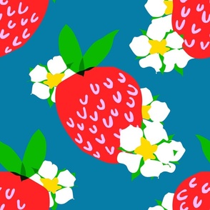 Strawberry Squared Pastel Denim Blue Summer Fruit And Flowers Retro Modern Grandmillennial Garden Floral Botany Red, Green, Yellow And White Scandi Kitchen Repeat Pattern