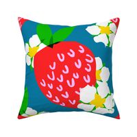 Strawberry Squared Pastel Denim Blue Big Summer Fruit And Flowers Retro Modern Grandmillennial Garden Floral Botany Red, Green, Yellow And White Scandi Kitchen Repeat Pattern