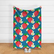 Strawberry Squared Pastel Denim Blue Big Summer Fruit And Flowers Retro Modern Grandmillennial Garden Floral Botany Red, Green, Yellow And White Scandi Kitchen Repeat Pattern