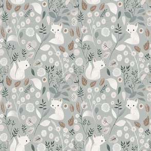 Cute Little Woodland Artic White Foxes Floral Dandelions Flowers Small Print Nursery Pastel Woven Textured Distressed Gray Blue Brown