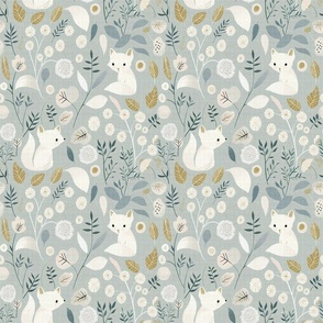 Cute Little Woodland Artic White Foxes Floral Dandelions Flowers Small Print Nursery Pastel Woven Textured Distressed Blue Gold