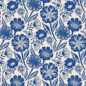 Blue flowers block print style 12 inches/ medium