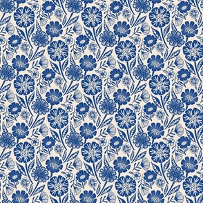 Blue flowers in block print style 6 inch/small