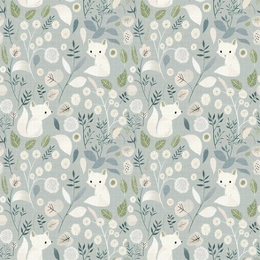 Cute Little Woodland Artic White Foxes Floral Dandelions Flowers Small Print Nursery Pastel Woven Textured Distressed Gray Blue Green