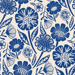Blue flowers  in block print style 24 inch/Large scale