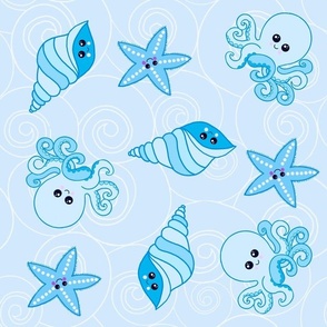 Shiny happy sea creatures in blue