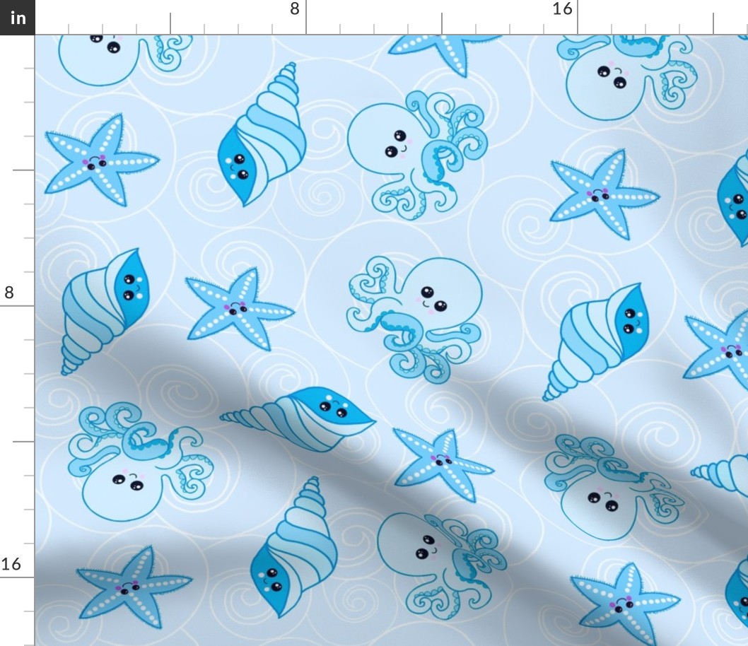 Shiny happy sea creatures in blue
