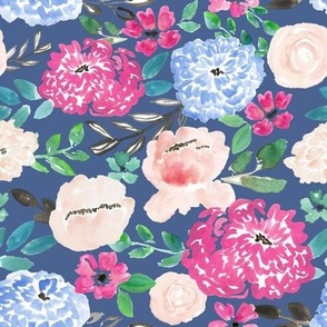 spring fling loose abstract watercolor florals on dark blue