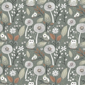 Birds Owls Woodland Dandelion Flowers Warm Gray Rust Orange White Botanical Plants Floral Nursery Woven Distressed Boho Country Wallpaper