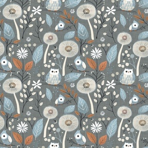 Birds Owls Woodland Dandelion Flowers Blue Rust Orange White Botanical Plants Floral Nursery Woven Distressed Boho Country Wallpaper