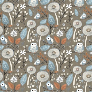 Birds Owls Woodland Dandelion Flowers Brown Orange Blue Botanical Plants Floral Nursery Woven Distressed Boho Country Wallpaper