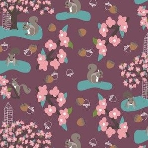 Squirrels and Cherry Trees in DC with Acorns on Burgundy 774c5d: Medium