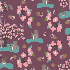 Squirrels and Cherry Trees in DC with Acorns on Burgundy 774c5d: Large