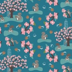 Squirrels and Cherry Trees in DC with Acorns on DC Turquoise 27768a: Small