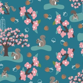 Squirrels and Cherry Trees in DC with Acorns on DC Turquoise 27768a: Large