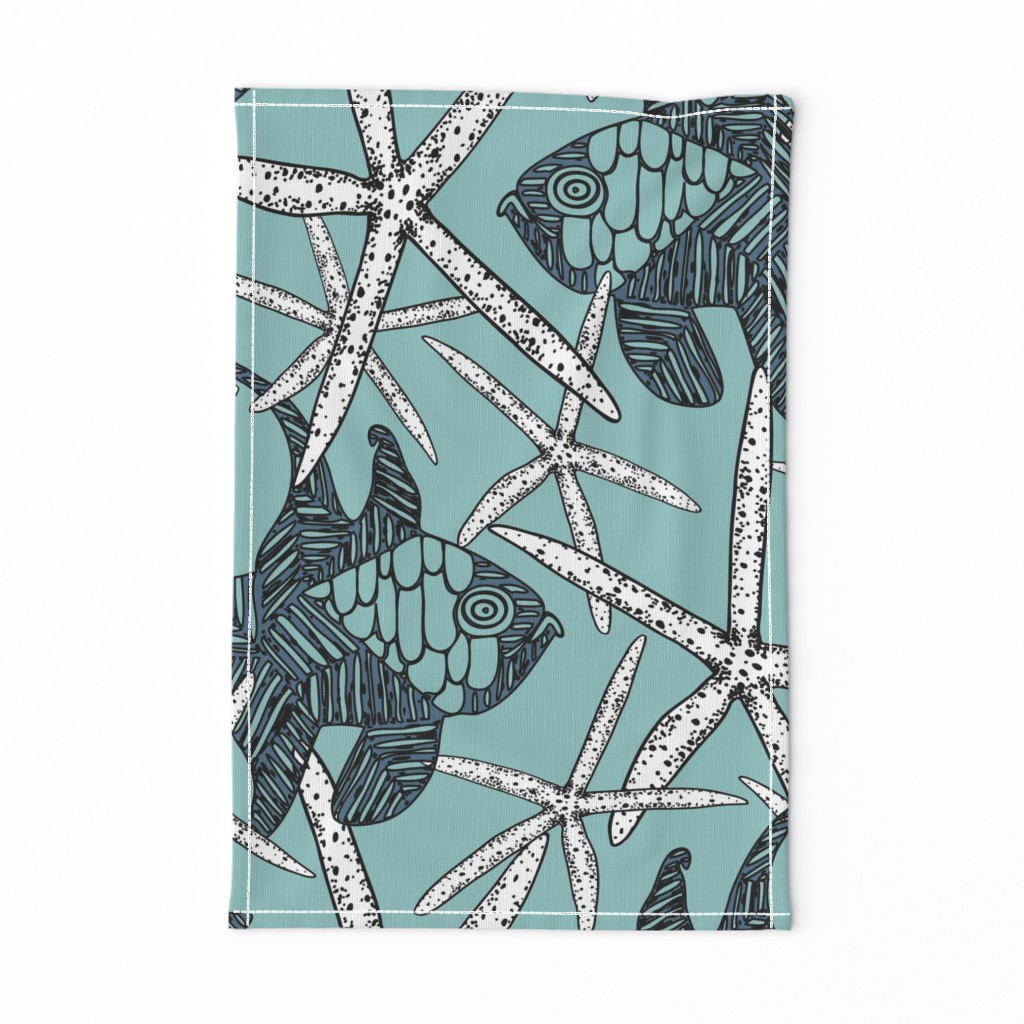 Large scale nautical art deco fish and starfish tangle in ocean cyan, deep blue and white.