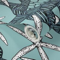 Large scale nautical art deco fish and starfish tangle in ocean cyan, deep blue and white.