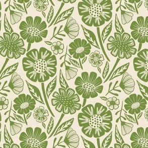 Green flowers block printing style 6 inch/ small. 