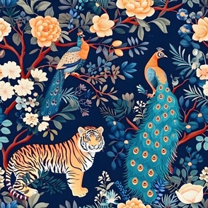 Chinoiserie Tiger and peacocks in a night garden