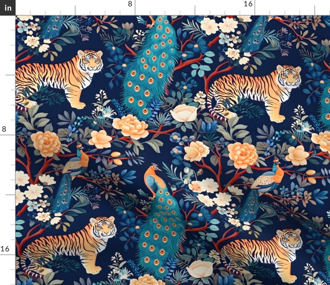 Chinoiserie Tiger and peacocks in a night garden