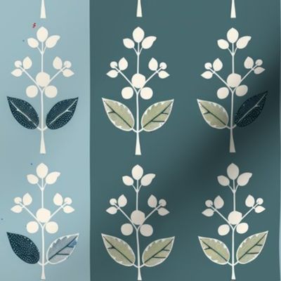 Turquoise vertical stripes wtih pretty white flower motif with interesting green leaves