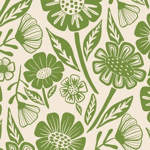 Green  flowers block print style 24 inch/large