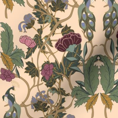 Symmetrical Maximalist Indian Peacock Chinoiserie // Teal, Green, Pink and Rose Cream 