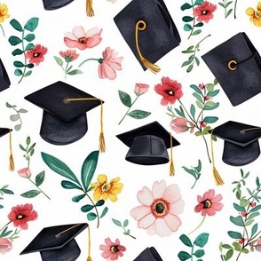 Graduation Hats Tassels and Flowers Watercolor