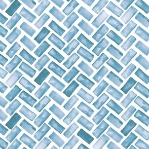 325 –Small scale teal blue Tessellated organic geometric brick pavers in monochromatic watercolor for kids and adult apparel, wallpaper, garden room tablecloths, sweet table runners, duvet covers and pillows 