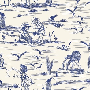 Vintage Kids at the seaside - Toile de Jouy - Retro Summer - Beige and Blue - BIG size 