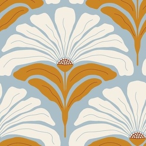 Retro Floral Scallops - Gold and cream on light blue